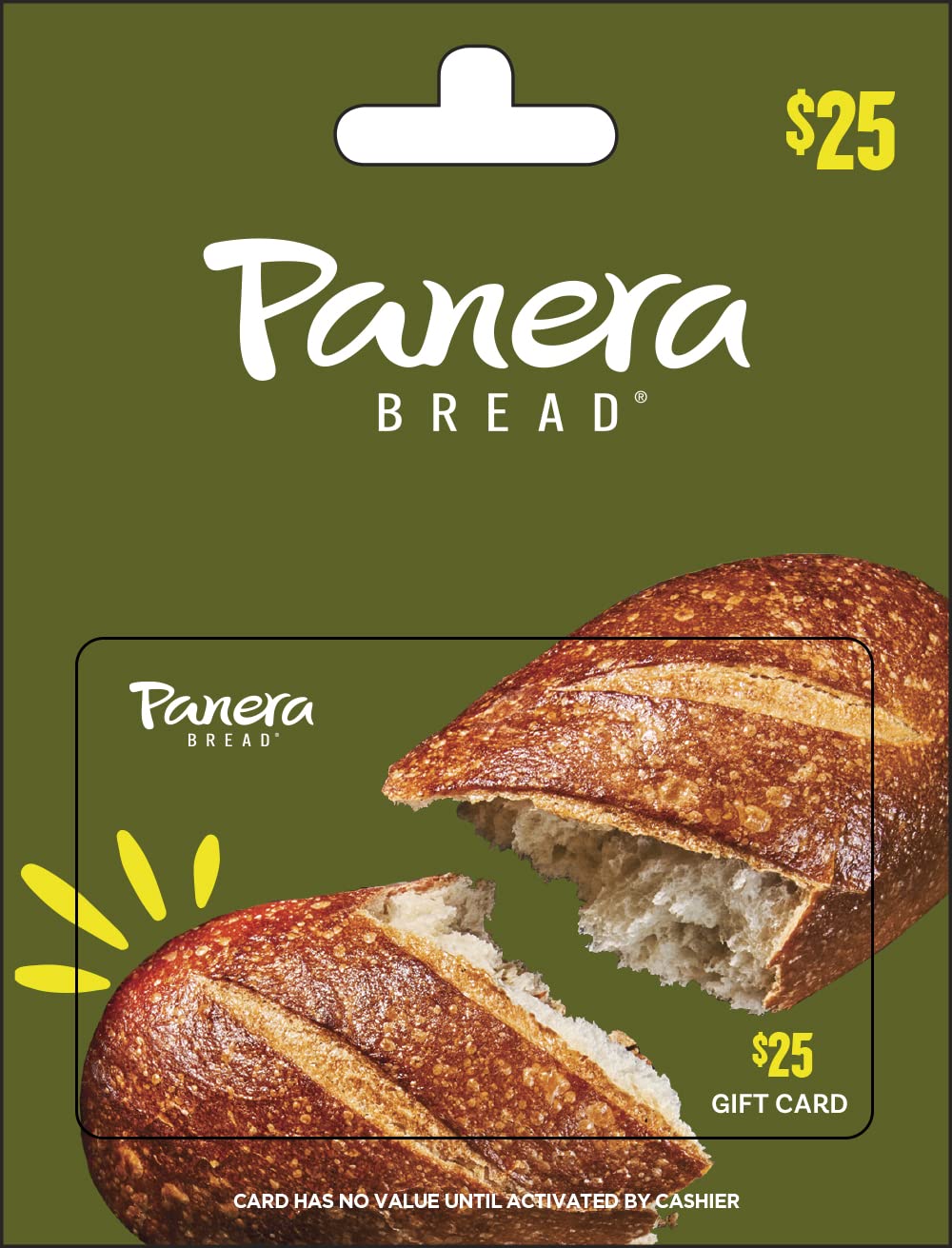 Panera Bread physical gift card featuring the Panera logo and a $25 value, ideal for gifting or personal use.