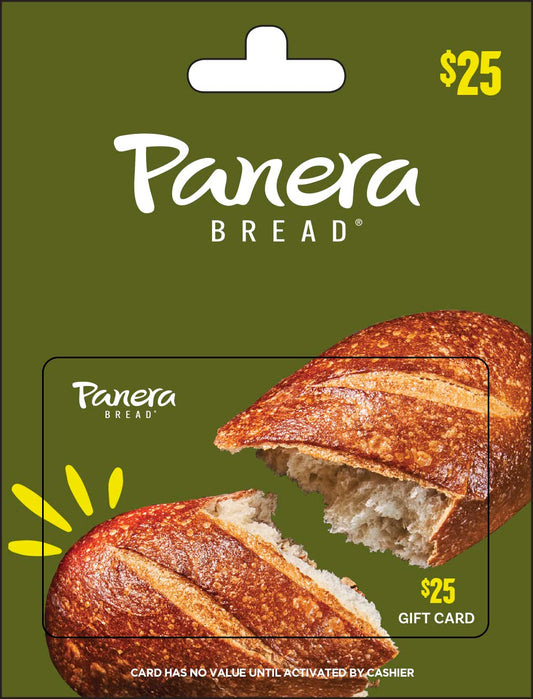 Panera Bread physical gift card featuring the Panera logo and a $25 value, ideal for gifting or personal use.