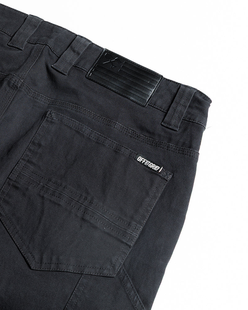 Black hardened double knee pants by Off The Grid Surplus featuring reinforced knees and durable workwear style.