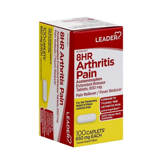 Leader Arthritis Pain Relief Acetaminophen 650mg capsules by Pasteur Pharmacy, 100-count bottle for long-lasting pain relief.