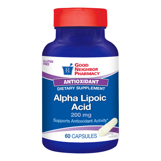 Good Neighbor Pharmacy Alpha Lipoic Acid 200mg capsules, dietary supplement for acid neutralization, 60 count bottle.
