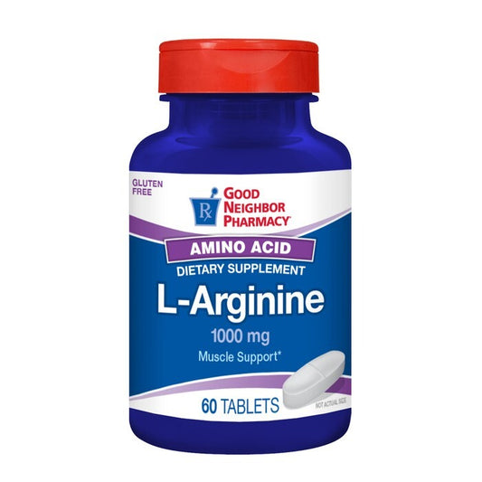 Good Neighbor Pharmacy L-Arginine amino acid 1000mg tablets, acid neutralizer supplement, 60-count bottle displayed in the image.