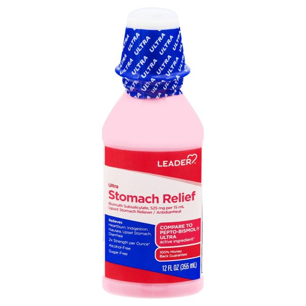Leader Stomach Relief Ultra acid neutralizer in 12 Fl Oz bottle, Pasteur Pharmacy brand, for indigestion and stomach discomfort.