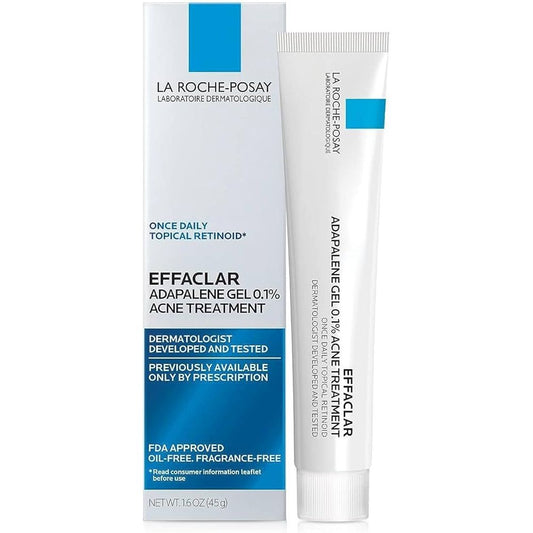 La Roche-Posay Effaclar Adapalene Gel 0.1% retinoid cream for acne treatment in a 45g tube, displayed on a white background.