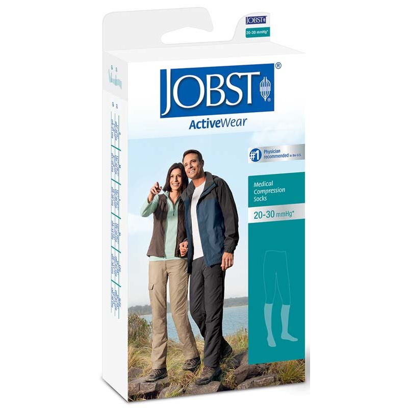 Jobst ActiveWear knee-high compression stockings in 20-30 mmHg, designed for activewear and leg support.
