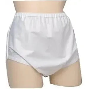 Sani-Pant Brief Pull-On adult diapers by Pasteur Pharmacy, small size, shown in white, with elastic waistband and absorbent core.