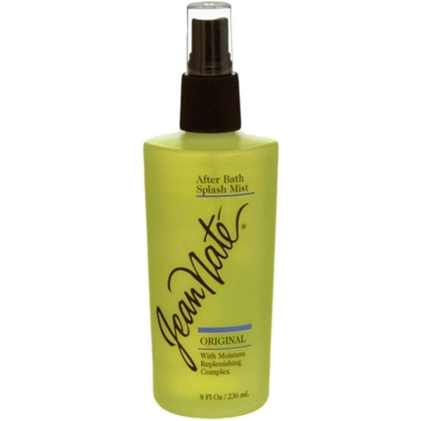 Revlon Jean Nate Original After Bath Splash Mist in an 8 oz bottle with a clear spray nozzle, designed for refreshing skin after bathing.