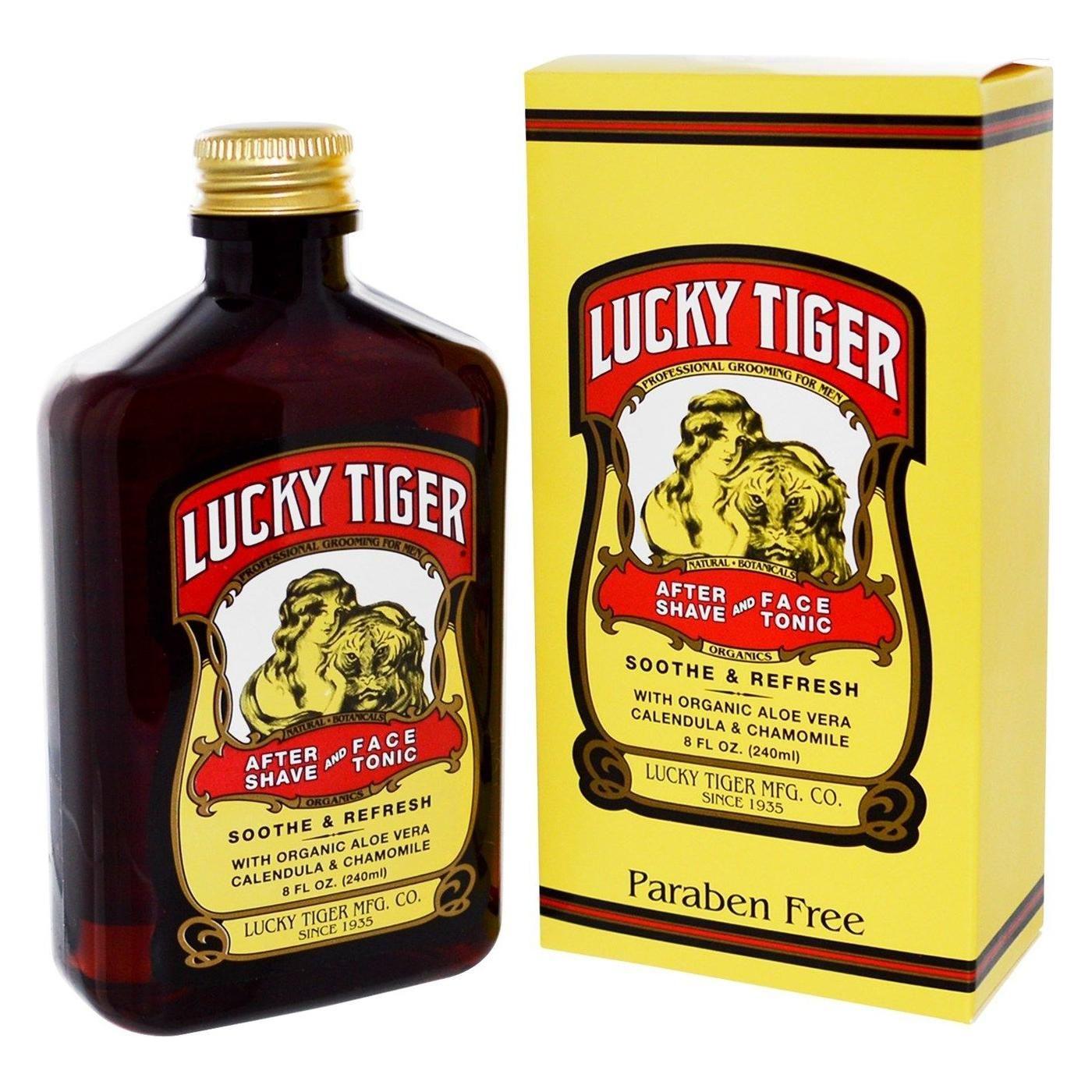 Lucky Tiger after shave and face tonic in an 8 fl oz bottle, natural ingredients, for soothing and refreshing skin.