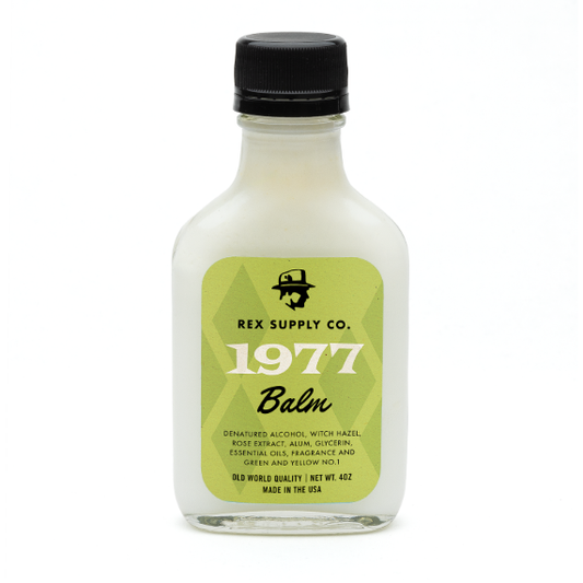 Rex Supply Co. 1977 Old World After Shave Balm in 4 oz bottle, natural after shave moisturizer with vintage-inspired packaging