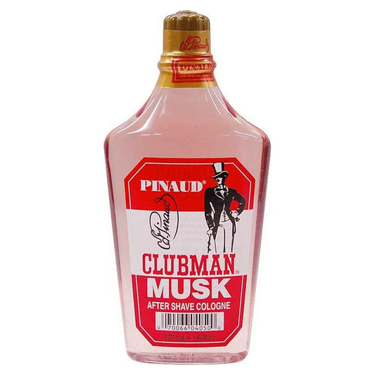 Clubman Pinaud Musk After Shave Cologne in a 6 oz bottle, featuring classic Pinaud Musk scent and after shave care.