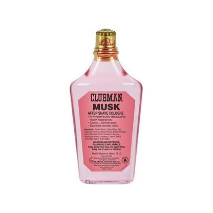 Clubman Pinaud Musk after shave cologne in a 6 oz bottle, featuring a classic scent and smooth finish.
