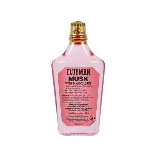 Clubman Pinaud Musk after shave cologne in a 6 oz bottle, featuring a classic scent and smooth finish.