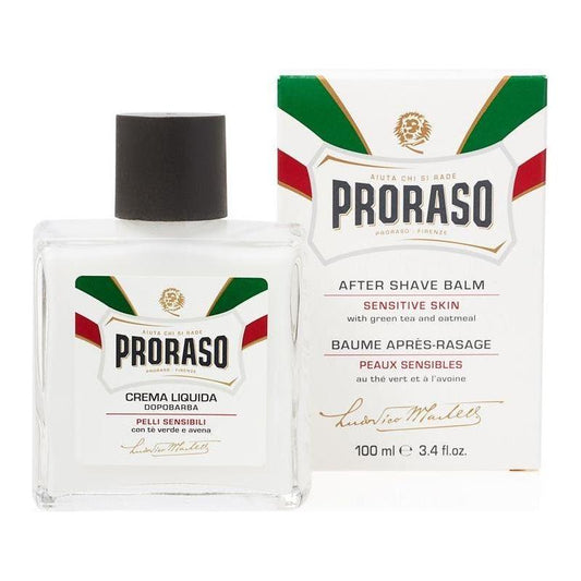 Proraso Antiirritation Liquid After Shave Cream with green tea and oatmeal in a 3.38 oz bottle, soothing and hydrating skin.