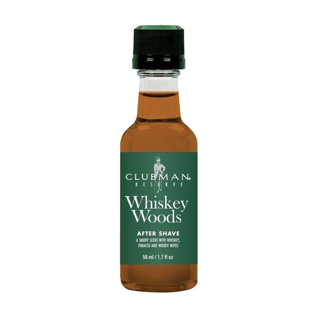 Clubman Reserve Whiskey Woods after shave bottle from Pasteur Pharmacy, 1.6 oz, featuring a rustic, woody scent.