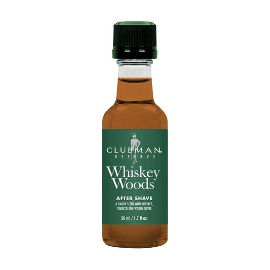Clubman Reserve Whiskey Woods after shave bottle from Pasteur Pharmacy, 1.6 oz, featuring a rustic, woody scent.