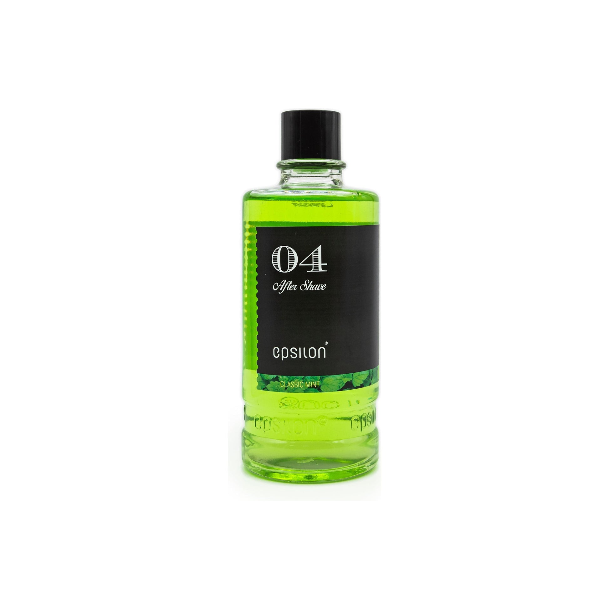 Epsilon 04 Classic Mint after shave bottle from Pasteur Pharmacy, 400ml, with mint scent and sleek design.