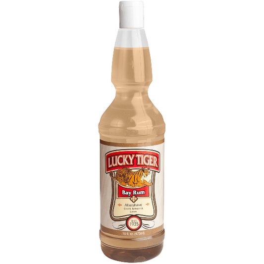 Lucky Tiger Barber Shop After Shave Bay Rum in a 16 oz bottle, with vintage-style label and glass container.