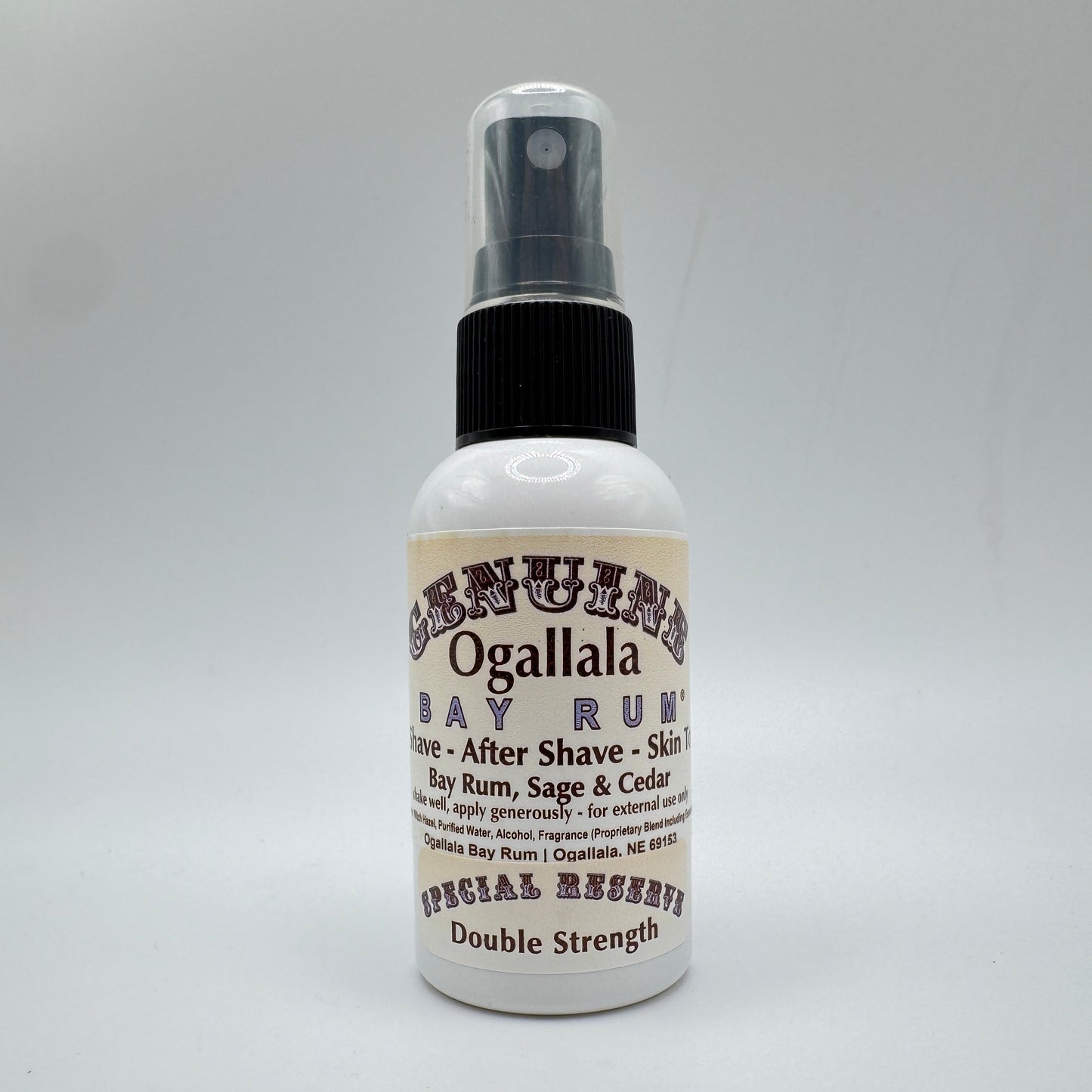 Pasteur Pharmacy Ogallala Bay Rum, Sage & Cedar double-strength after shave skin toner in 2 oz bottle with label visible.