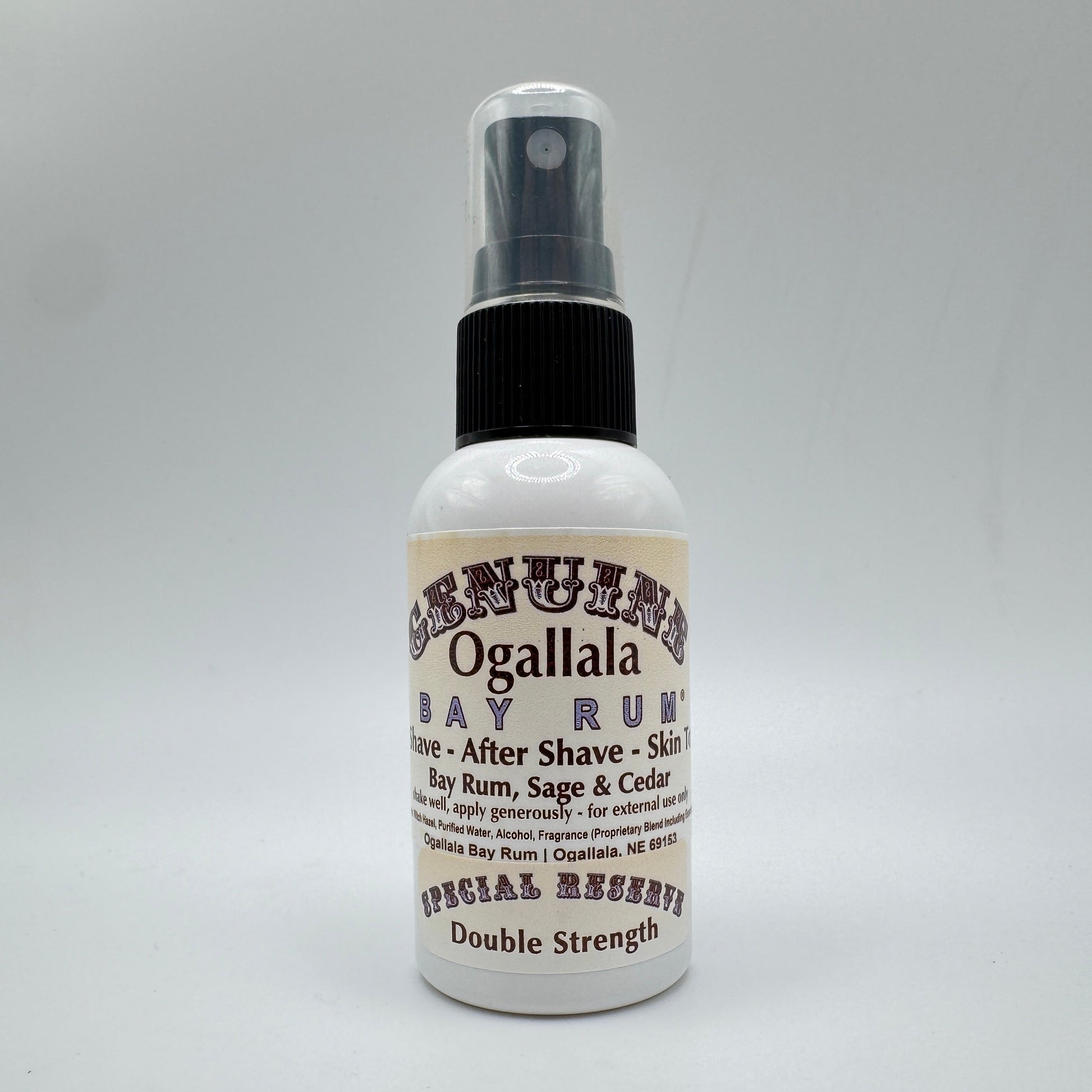 Pasteur Pharmacy Ogallala Bay Rum, Sage & Cedar double-strength after shave skin toner in 2 oz bottle with label visible.