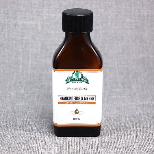 Stirling Soap Co. Frankincense & Myrrh after shave in 100ml bottle, soothing after shave product with natural ingredients