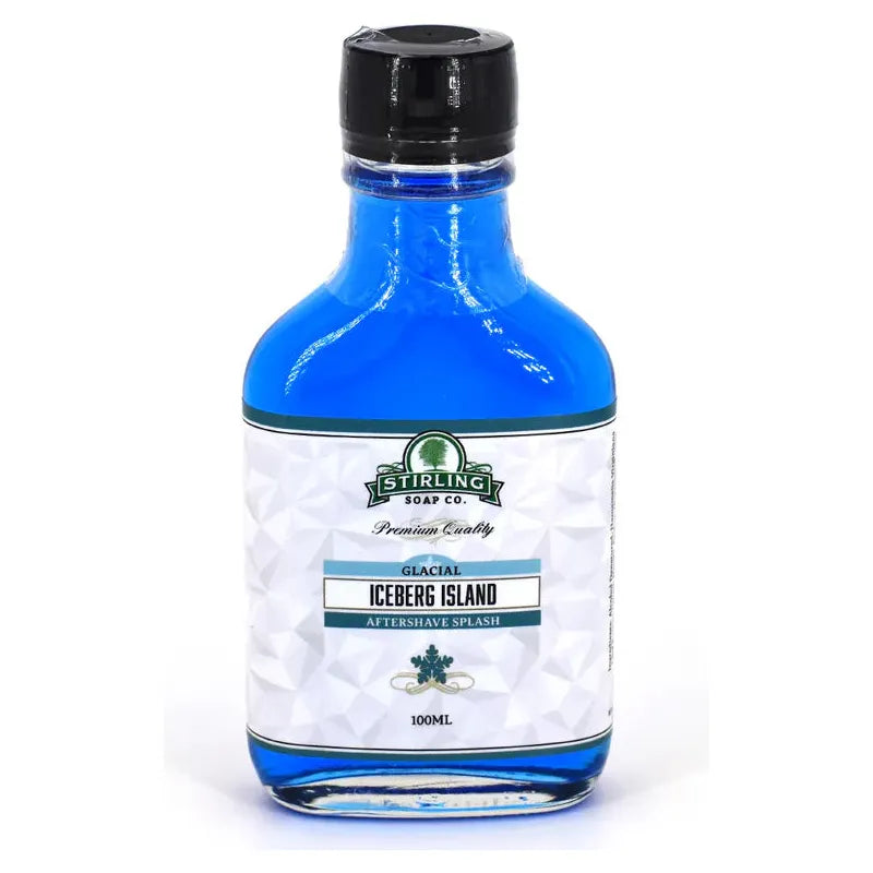Stirling Soap Co. Iceberg Island Glacial after shave in 100ml bottle, with icy blue label and clear glass container.