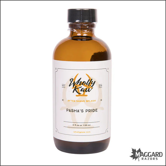 Wholly Kaw Pasha's Pride After Shave Splash in 4 oz bottle, featuring a clear liquid and elegant packaging for men's grooming