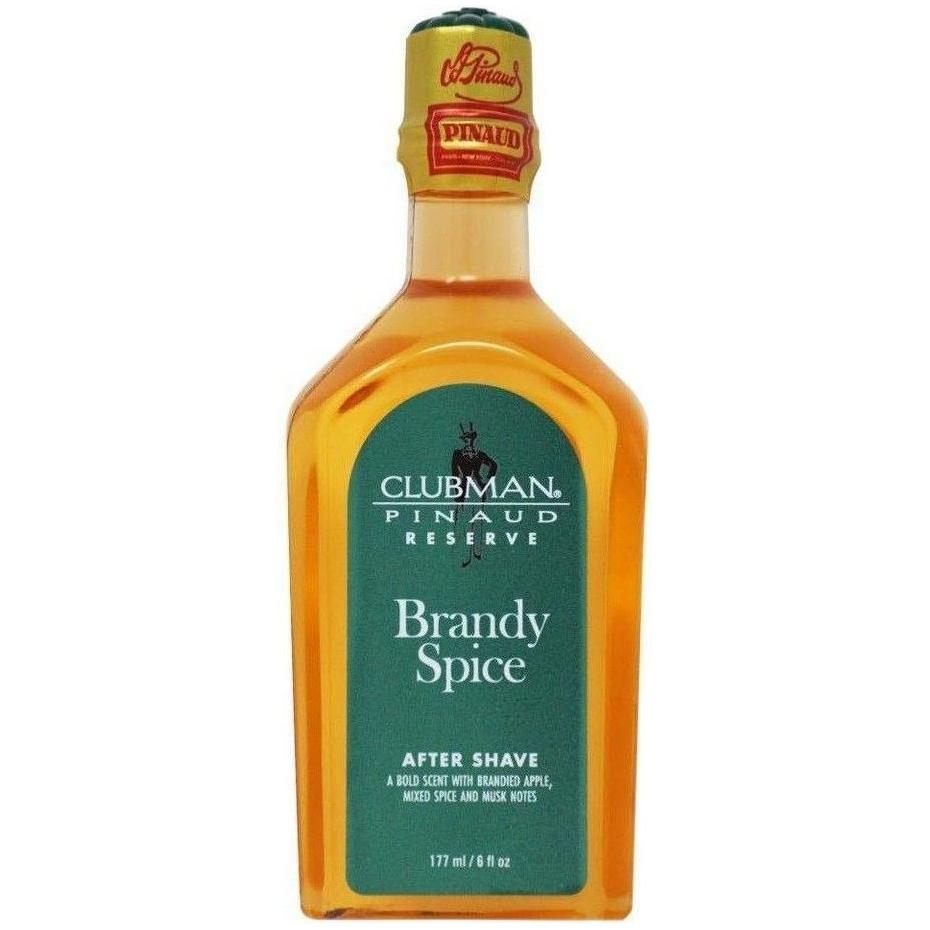 Clubman Reserve Brandy Spice after shave lotion in a 6 oz bottle, featuring a warm, spicy scent and soothing skin feel.