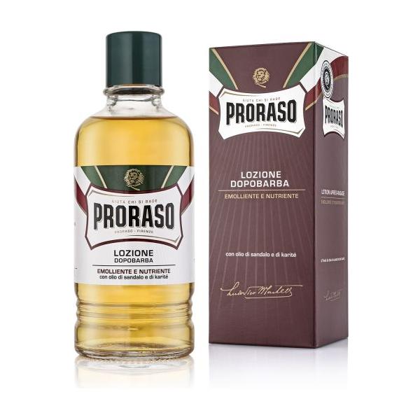 Proraso Sandalwood and Shea Oil Nourishing After Shave Lotion in 13.5 oz bottle, featuring creamy lotion with sandalwood scent.