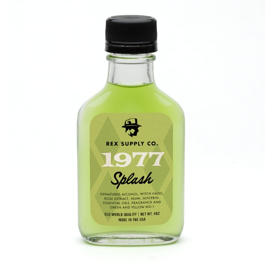 Rex Supply Co. 1977 Old World After Shave Splash in a 4 oz bottle, featuring vintage-inspired packaging and branding.