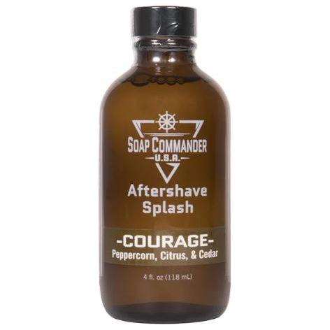 Soap Commander Courage After Shave Splash in a 4 oz bottle, featuring a clear liquid with a simple label, for men's grooming.