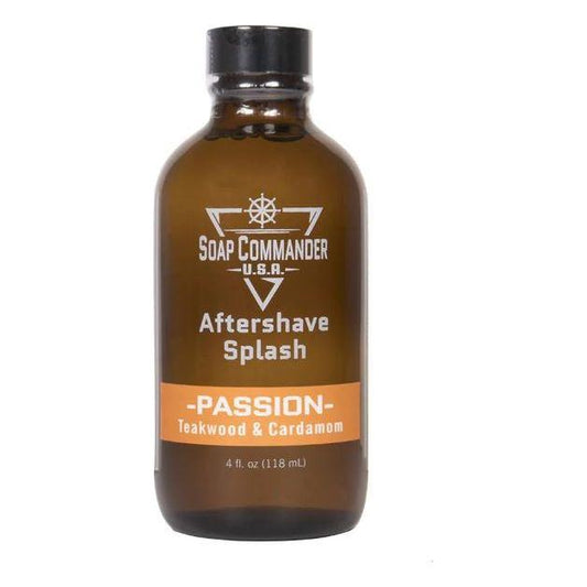 Soap Commander Passion After Shave Splash in a 4 oz bottle, featuring a clear liquid and a simple label with branding details.