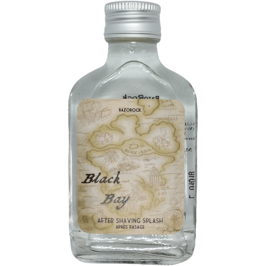 RazoRock Black Bay After Shaving Splash in 100ml bottle, featuring dark packaging and product label with branding details.