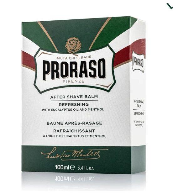 Proraso Menthol & Eucalyptus Aftershave Balm in 3.4 oz tube, soothing skin with fresh mint and eucalyptus scent.