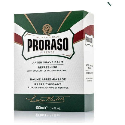 Proraso Menthol & Eucalyptus Aftershave Balm in 3.4 oz tube, soothing skin with fresh mint and eucalyptus scent.