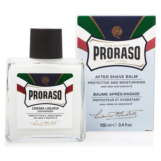 Proraso Protective and Moisturizing Aftershave Balm with aloe and vitamin E in 3.4 oz container, designed for soothing skin.