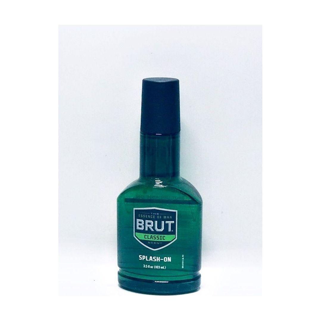 Brut Classic scent splash-on aftershave in 3.5 oz bottle, with vintage-style label and classic design.