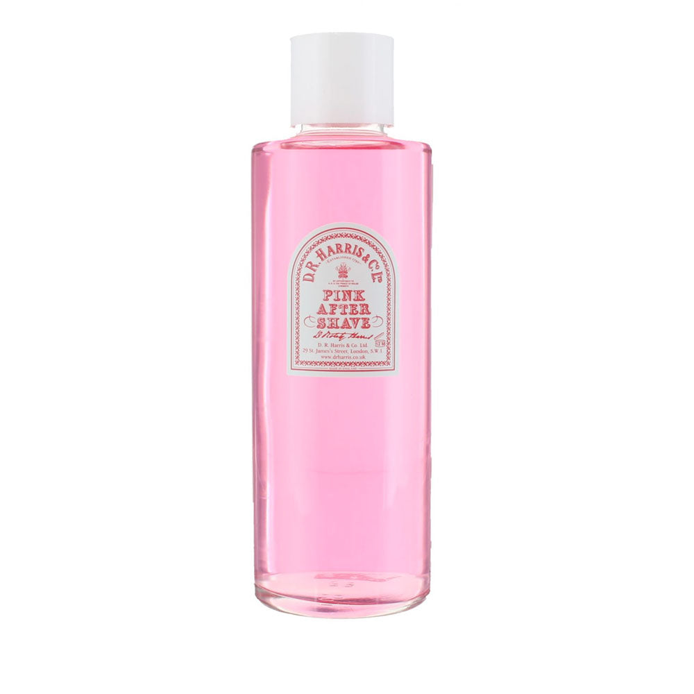 D. R. Harris & Co Pink Aftershave in 500ml bottle, shown with classic packaging and label, for soothing post-shave skin.