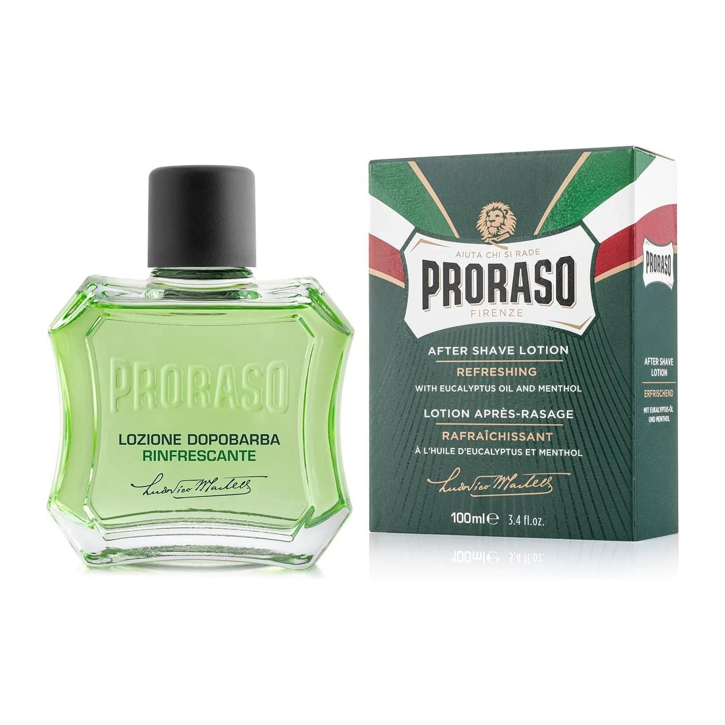 Proraso aftershave with eucalyptus oil and menthol, 3.4 oz, in a clear glass bottle, showcasing a fresh, cooling grooming product.
