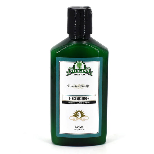 Stirling Soap Co. Electric Sheep aftershave with witch hazel and aloe in a 200ml bottle, soothing and refreshing men's grooming product
