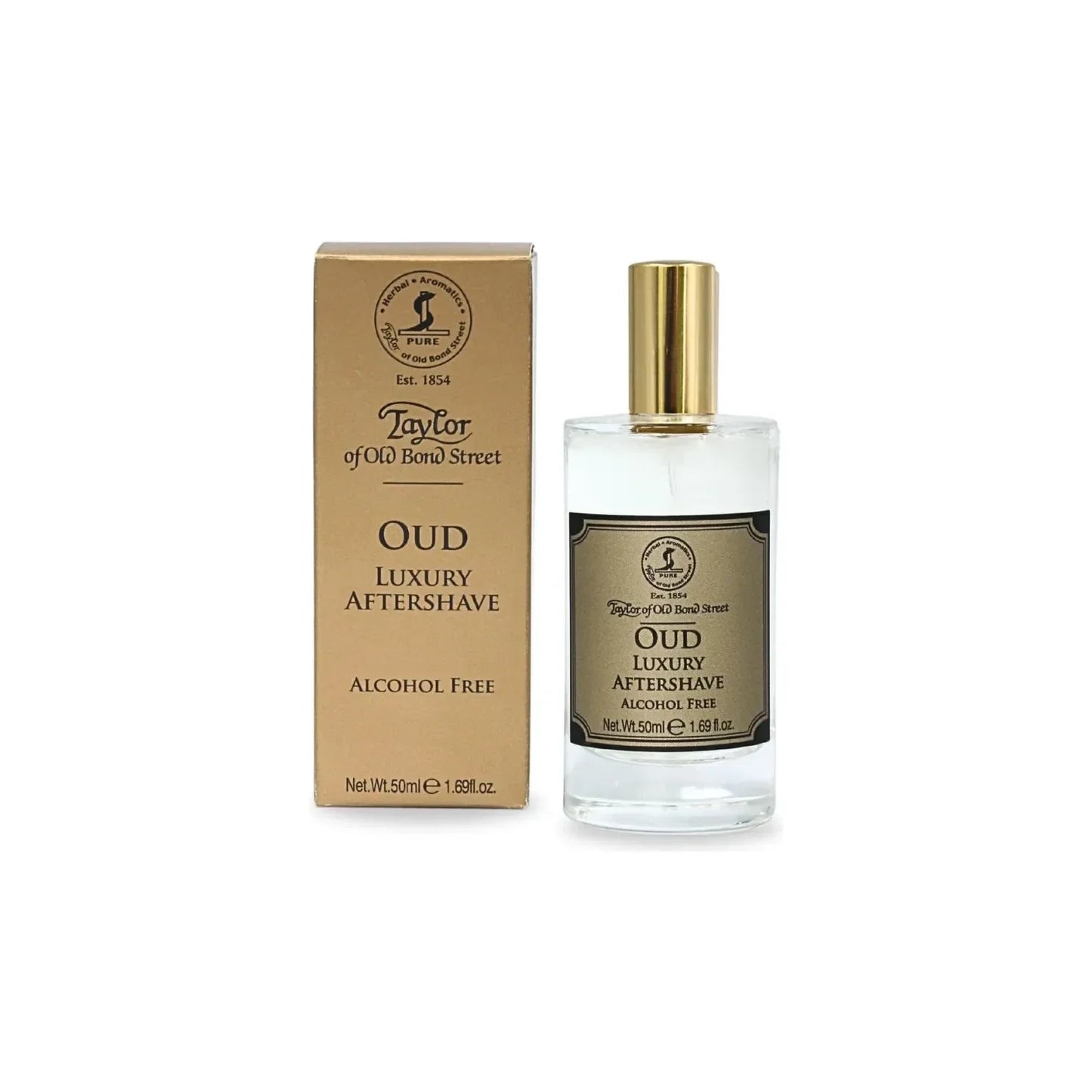 Taylor of Old Bond Oud alcohol-free luxury aftershave in 50ml bottle, featuring elegant packaging and a refined scent.