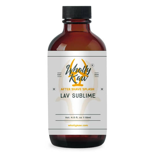 Wholly Kaw Lav Sublime aftershave splash in a 4 oz bottle, featuring a soothing aftershave for refreshed skin