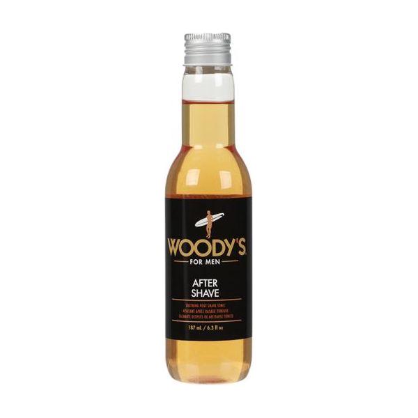 Woody's For Men Soothing Aftershave in a 6.3 fl oz bottle featuring a clear liquid and a simple label design.