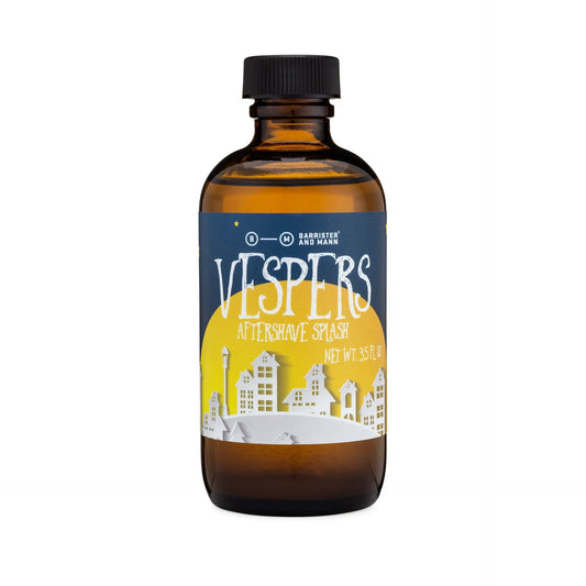 Barrister & Mann Vespers aftershave from Pasteur Pharmacy, featuring a 4 oz bottle in the Vespers shaving collection.