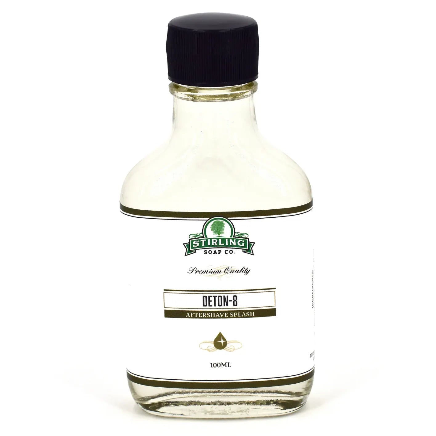Stirling Soap Co. Deton-8 aftershave splash in 3.3 oz bottle, showcasing the aftershave container with label details.