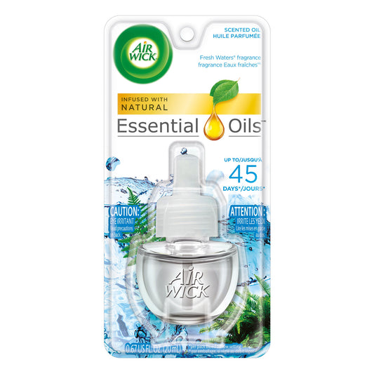 Air Wick Fresh Waters scented oil refill for air fresheners, 0.71 oz, in a clear plastic bottle for home fragrance use