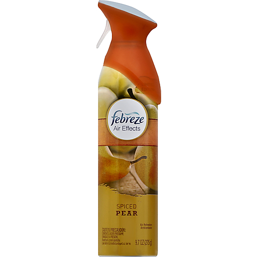 Febreze Air Effects Spiced Pear air freshener aerosol can, 9.7 oz, with a decorative label featuring spiced pear scent.