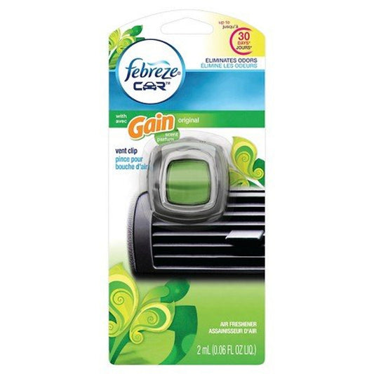 Febreze Car Air Freshener with Gain scent, original scent, vent clip design, freshening vehicle air naturally.