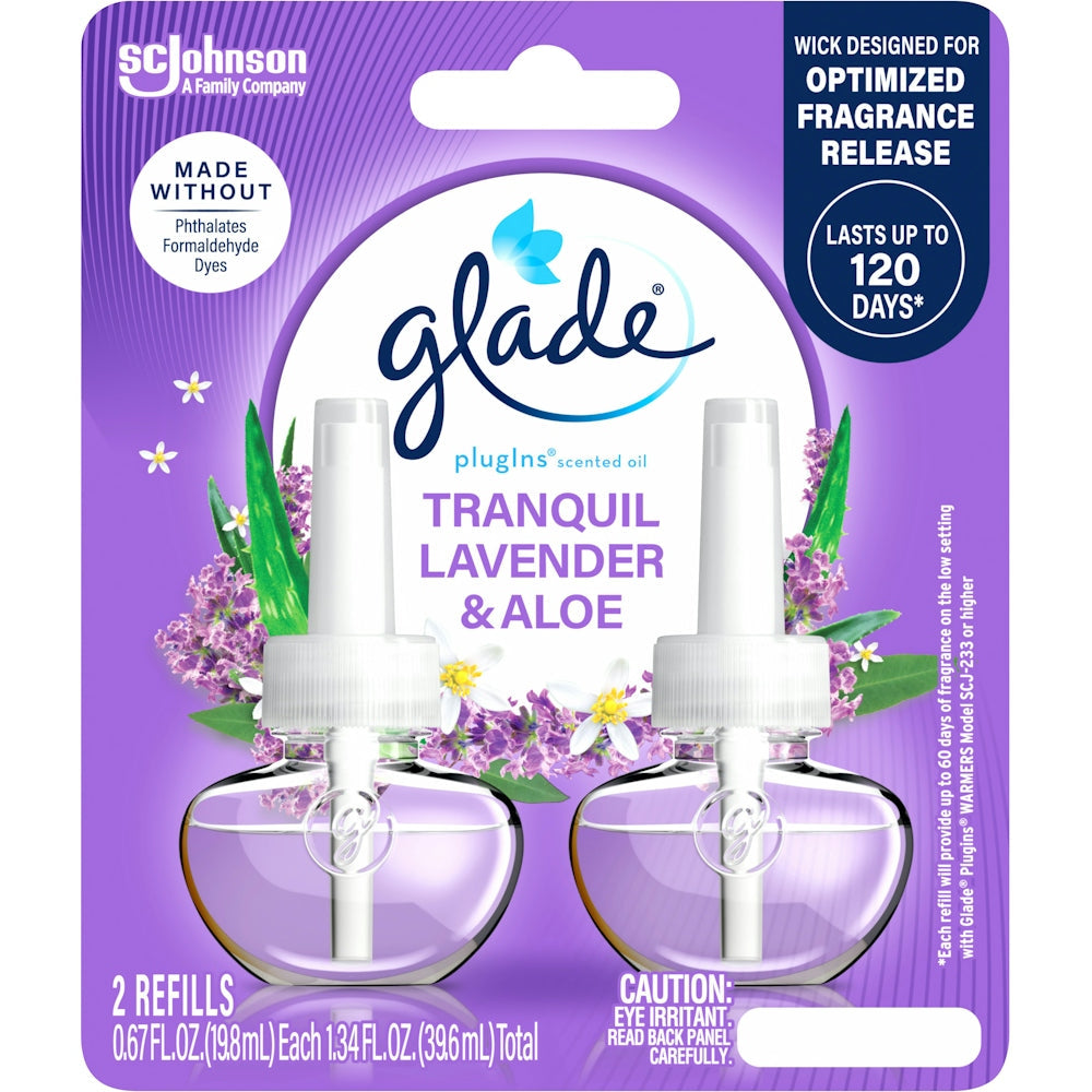 Glade PlugIns Tranquil Lavender & Aloe scented oil refill for air fresheners, showing the product packaging and refill container.