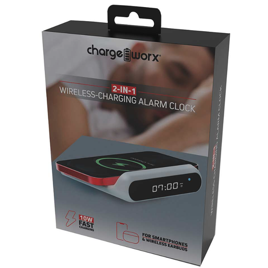 Chargeworx 2-in-1 wireless charging alarm clock by Pasteur Pharmacy showing digital display and sleek design on a bedside table.