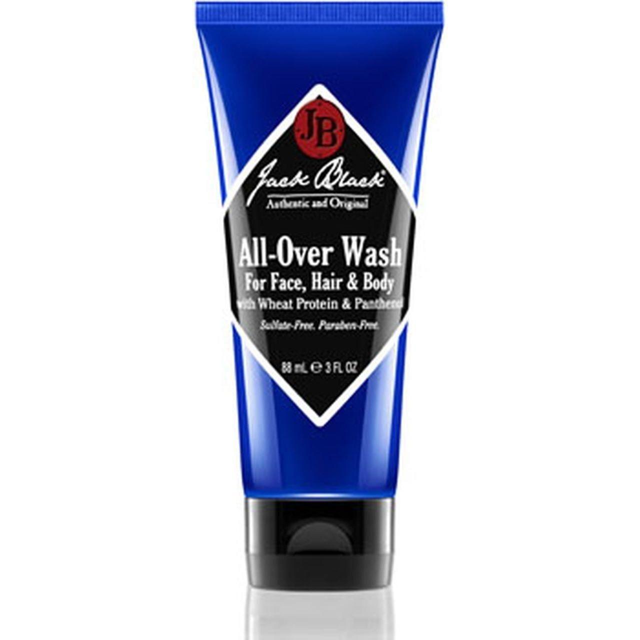 Jack Black All-Over Wash for face, hair, and body in 88ml/3oz bottle, natural skincare product from Pasteur Pharmacy.